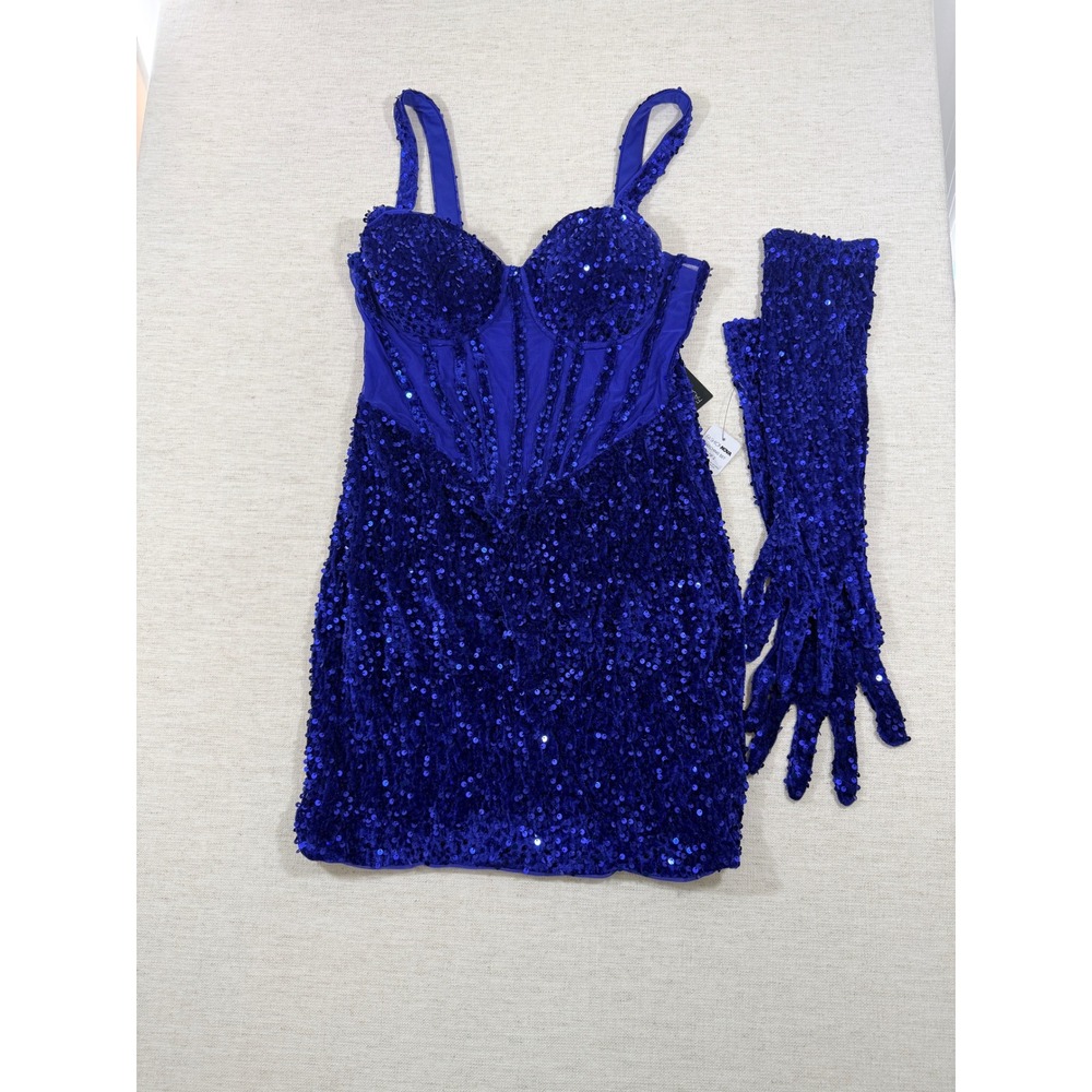 Fashion Nova Mini Dress Women XL Blue New Sequin Corset Khloe With Gloves